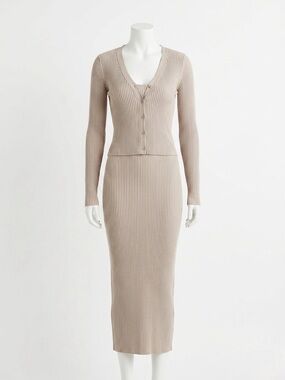 H&M Taupe Ribbed Knit Dress and Cardigan Set LivaEco Viscose